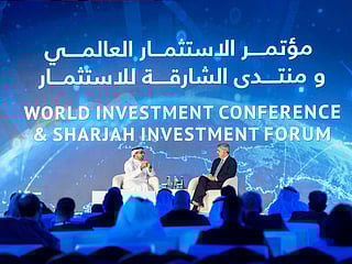 Dr Mohamed El-Erian, Chief Economic Advisor at Allianz, speak with Sheikh Fahim Al Qasimi, Chairman of the Department of Government Relations in Sharjah, at Sharjah Investment Forum 2025.