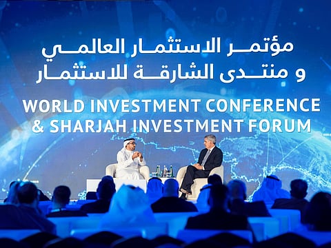 Dr Mohamed El-Erian, Chief Economic Advisor at Allianz, speak with Sheikh Fahim Al Qasimi, Chairman of the Department of Government Relations in Sharjah, at Sharjah Investment Forum 2025.