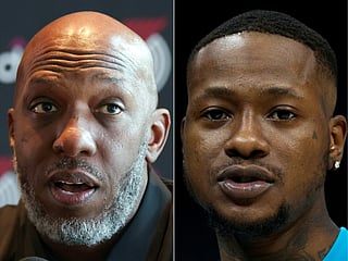  L/R, Head coach Chauncey Billups of the Portland Trail Blazers on July 21, 2025 in Portland, Oregon and Terry Rozier on December 29, 2022 in Charlotte, North Carolina.