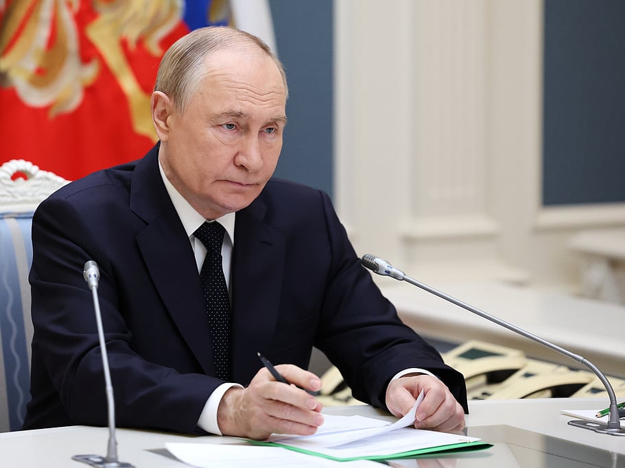 Russia President Vladimir Putin conducts a strategic nuclear forces exercise via videoconference from the Presidential Situation Centre at the Kremlin in Moscow, on Wednesday, Oct. 22, 2025. (Alexander Kazakov, Sputnik, Kremlin Pool Photo via AP)