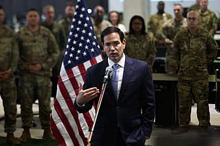 US Secretary of State Marco Rubio speaks to the media after visiting the Civil-Military Coordination Center in southern Israel on October 24, 2025.