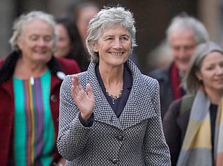 Left-wing independent presidential candidate Catherine Connolly arrives at Dublin Castle for the count in Ireland's presidential election to replace Michael D. Higgins, who has served the maximum two seven-year terms, on Saturday, Oct. 25, 2025. (Niall Carson/PA via AP)