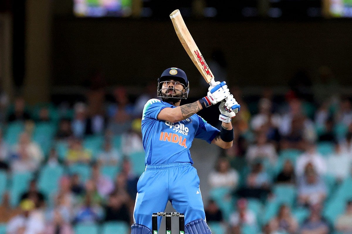 India’s Virat Kohli hits a boundary during the third one-day international cricket match between Australia and India at the SCG in Sydney on October 25, 2025.