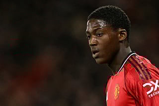 Manchester United's English midfielder #37 Kobbie Mainoo plays during the English Premier League football match between Manchester United and Brighton and Hove Albion at Old Trafford in Manchester, north west England, on October 25, 2025.