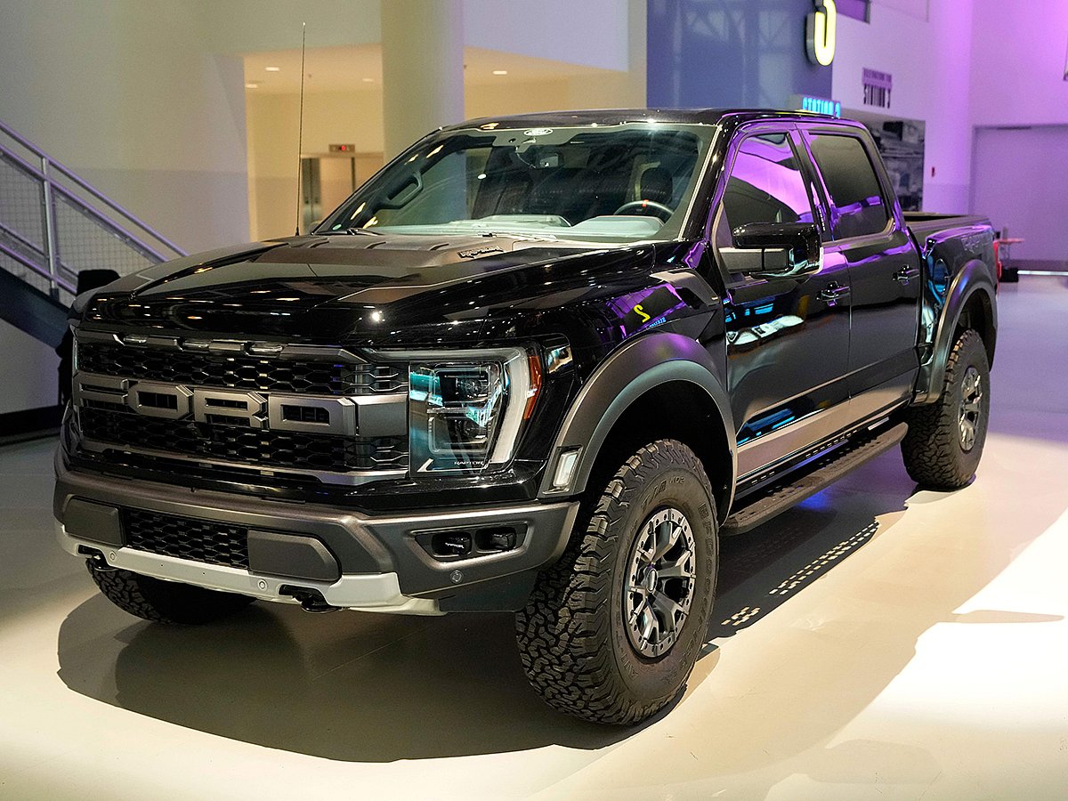 A Ford F-150 truck is displayed at the Dearborn Truck Plant, April 11, 2024, in Dearborn, Michigan.