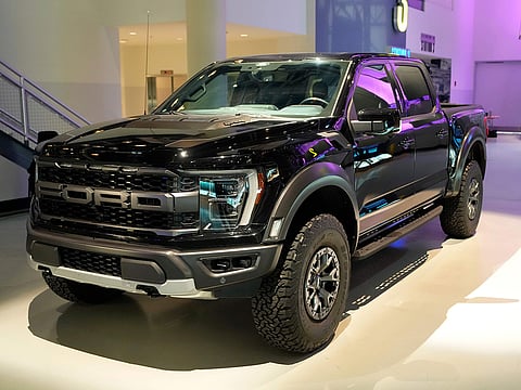 A Ford F-150 truck is displayed at the Dearborn Truck Plant, April 11, 2024, in Dearborn, Michigan. 
