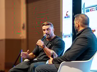 Three-time Mr Olympia Men’s Physique champion Ryan Terry in conversation with Siddique Farroqi of RX Muscle during the Dubai Muscle Talks at Dubai Muscle Show 2025