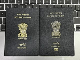 A combo pic showing the existing regular passport on the left and the new ePassport with RFID chip and antenna embedded in it. The ePassport features a gold-colour symbol for the chip. 