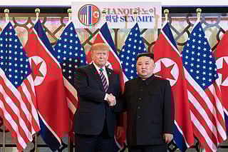 President Donald J. Trump is greeted by Kim Jong Un, Chairman of the State Affairs Commission of the Democratic People’s Republic of Korea on February 27, 2019, at the Sofitel Legend Metropole hotel in Hanoi, for their second summit meeting. Trump has expressed and Supreme Leader Kim Jong Un shake hands at the start of the summit.

