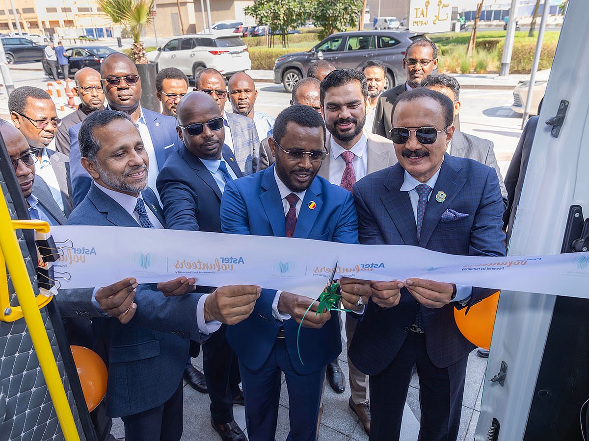 Dr. Azad Moopen, Founder Chairman of Aster DM Healthcare; Mr. T.J. Wilson, Executive Director and Group Head – Governance & Corporate Affairs, Aster DM Healthcare; Dr. Sherbaz Bichu, CEO of Aster Hospitals & Clinics – UAE, Bahrain, and Oman; together with Oumar Teguen Idibei Berde, Ambassador of the Republic of Chad to the UAE; Mr. Yousif Mohammed Elnour Shata, Adviser to the Health Minister, Ministry of Health, Chad; representatives from the Ministry of Health, Chad; and other distinguished dignitaries at the flag-off ceremony of the 67th Aster Volunteers Mobile Medical Unit for the Republic of Chad.