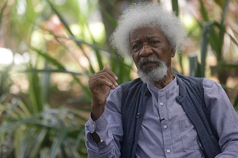 Nobel Laureate Wole Soyinka, speaks to The Associated Press during an interview at freedom park in Lagos, Nigeria, Thursday, Oct. 28, 2021. 