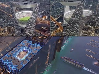 The viral stuff vs planned: The internet went wild with the Saudi “Sky Stadium” (top photos) that looked straight out of Blade Runner. It wasn’t real at all — it was pure AI magic. Below: Sensible blue-and-grey slab of a football pitch in a mirror-walled canyon being developed as part of  Saudi Arabia's The Line project.