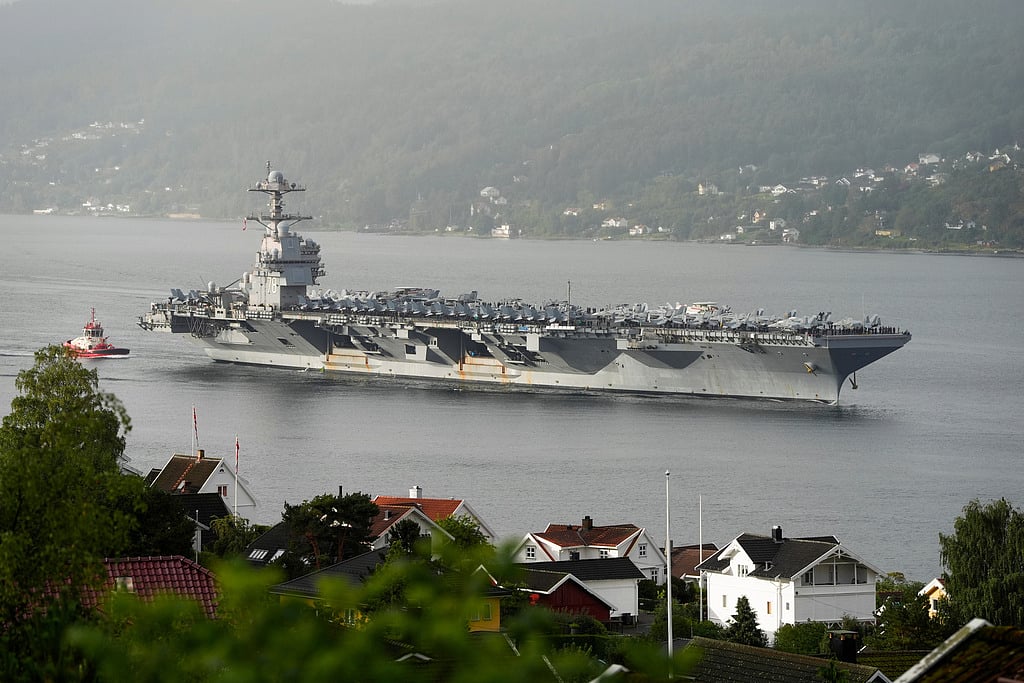 FILE - The American aircraft carrier USS Gerald R. Ford, on its way into the Oslofjord, at Drobak in Norway, Sept. 12, 2025. (Lise Aaserud/NTB Scanpix via AP, File)