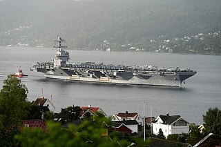 FILE - The American aircraft carrier USS Gerald R. Ford, on its way into the Oslofjord, at Drobak in Norway, Sept. 12, 2025.