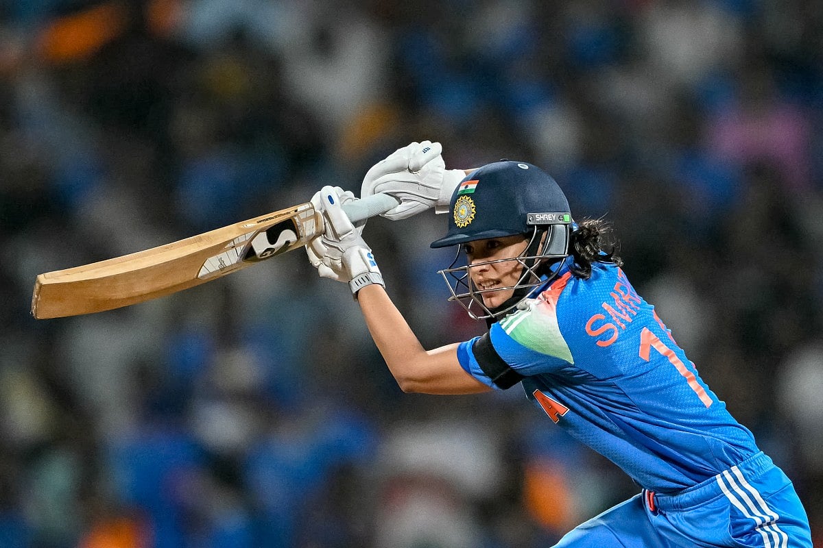 India's Smriti Mandhana plays a shot during the ICC Women's Cricket World Cup 2025 one-day international (ODI) semi-final match between India and Australia at the DY Patil Stadium in Navi Mumbai on October 30, 2025.