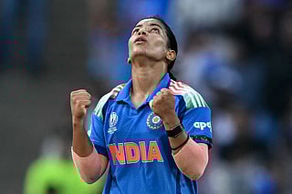 India's Amanjot Kaur celebrates after taking the wicket of Australia's Phoebe Litchfield during the ICC Women's Cricket World Cup 2025 one-day international (ODI) semi-final match between India and Australia at the DY Patil Stadium in Navi Mumbai on October 30, 2025.