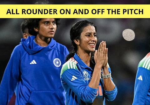 India's Jemimah Rodrigues reacts as she celebrates her team's win at the end of the ICC Women's Cricket World Cup 2025 one-day international (ODI) semi-final match between India and Australia at the DY Patil Stadium in Navi Mumbai on October 30, 2025.