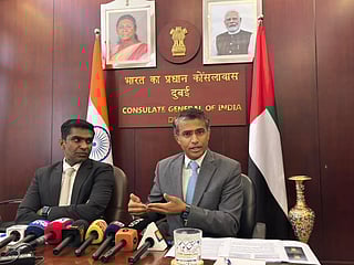 A Amarnath (right) and Satish Kumar Sivan at the press conference in Dubai on Thursday.
