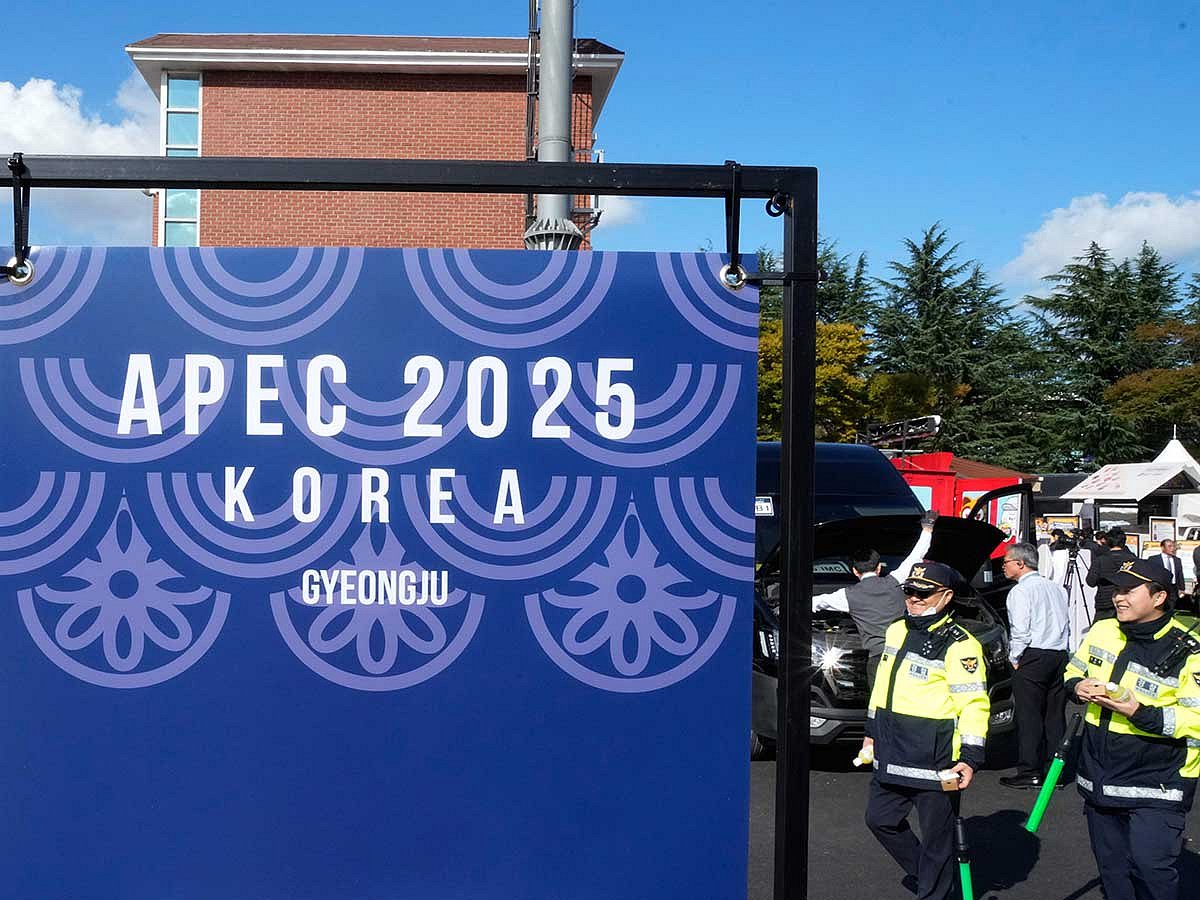 South Korean police officers patrol near the venue of the 2025 Asia-Pacific Economic Cooperation (APEC) Summit in Gyeongju, South Korea.