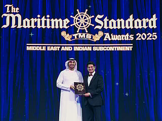Captain Abdulkareem A Masabi, CEO of ADNOC Logistics and Services, and Trevor Periera, Managing Director of the Maritime Standards at the award ceremony in Dubai