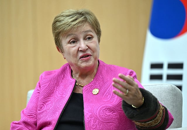 International Monetary Fund (IMF) Managing Director Kristalina Georgieva speaks during a meeting with South Korean President Lee Jae Myung on the sidelines of the Asia-Pacific Economic Cooperation (APEC) summit in Gyeongju on October 31, 2025.