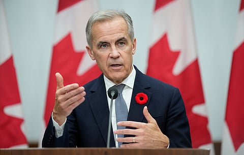 Canada's Prime Minister Mark Carney speaks during a news conference following the APEC Summit in Gyeongju, South Korea, Saturday, Nov. 1, 2025.