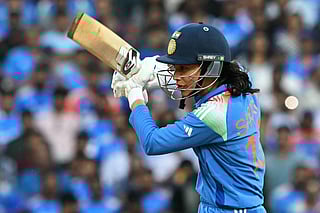 India's Smriti Mandhana in action against South Africa at the DY Patil Stadium in Navi Mumbai on November 2, 2025.