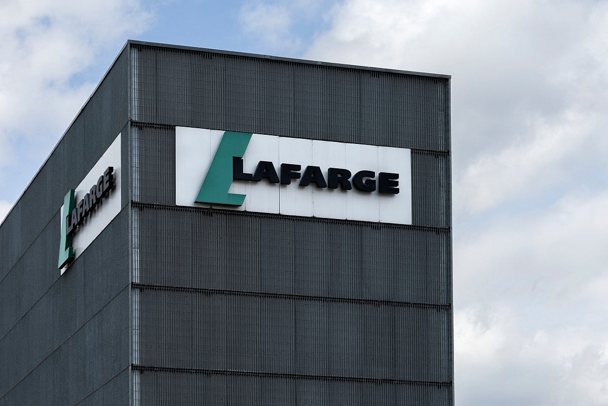 This photograph shows the logo of the French industrial company Lafarge displayed on a building of a cement plant in northern Paris, on April 14, 2025.