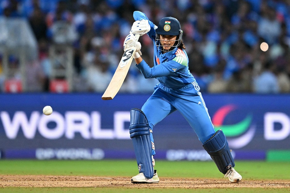 India's Smriti Mandhana plays a shot during the ICC Women's Cricket World Cup 2025 one-day international (ODI) final match between India and South Africa at the DY Patil Stadium in Navi Mumbai on November 2, 2025.