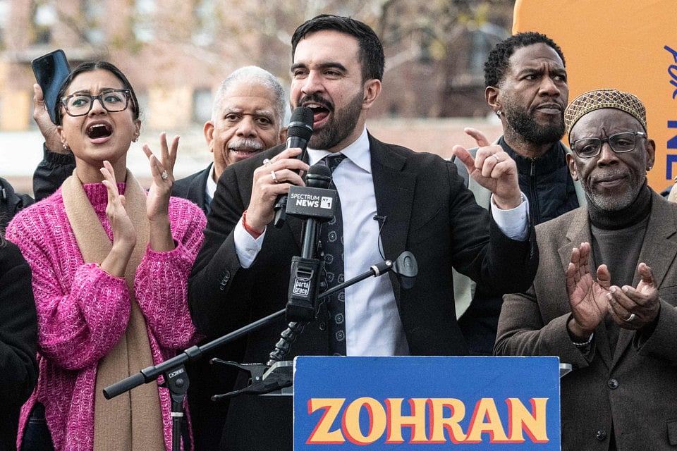 Zohran Mamdani speaks during a campaign event with New York City elected officials on November 1, 2025 in the Queens borough of New York City.