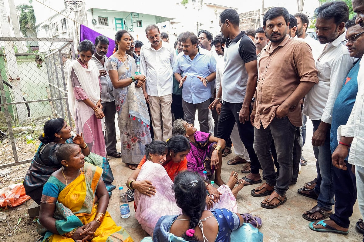 Jana Sena Party leader Srikakulam Urban Development Authority Chairman Korikana Ravikumar visits the stampede-affected area near the Sri Venkateswara Swamy temple, in Srikakulam on Saturday.