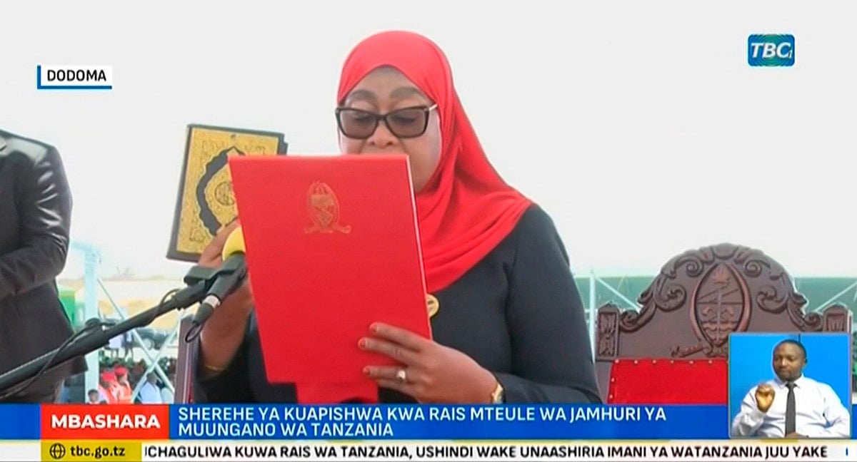 This video grab made from a video from the Tanzania Broadcasting Corporation (TBC) shows Samia Suluhu Hassan taking the oath of office during her inauguration ceremony in Dar es Salaam.