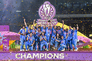 Navi Mumbai: India’s players celebrate with the trophy during the presentation ceremony after winning the ICC Women’s World Cup 2025 at DY Patil Stadium in Navi Mumbai on Monday, November 3, 2025. 