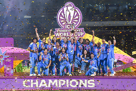 Navi Mumbai: India’s players celebrate with the trophy during the presentation ceremony after winning the ICC Women’s World Cup 2025 at DY Patil Stadium in Navi Mumbai on Monday, November 3, 2025. 
