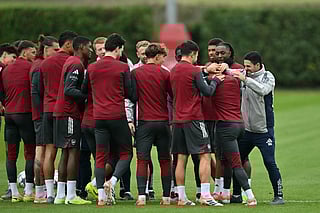 Arsenal's Spanish manager Mikel Arteta (R) and his players during a team training session at the Arsenal Training centre in London Colney, north of London, on November 3, 2025, on the eve of their Uefa Champions League league phase football match against Slavia Prague.