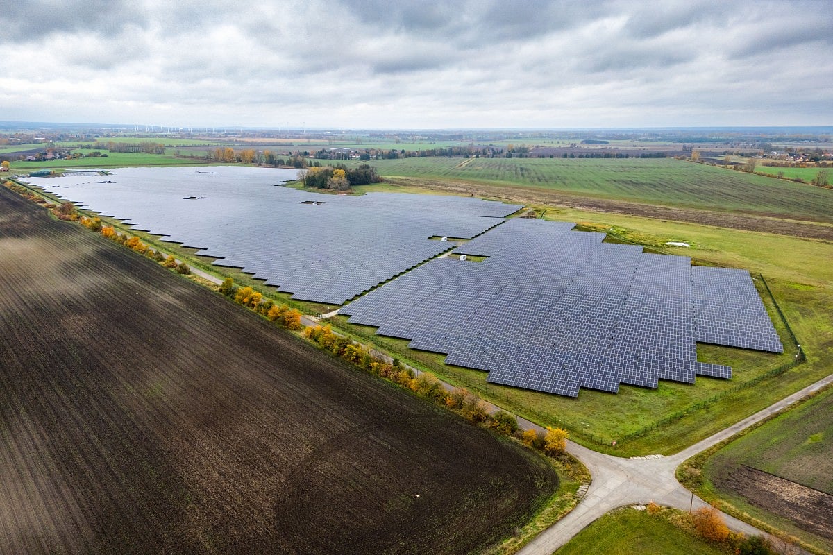 An aerial view shows a solar power plant in Germany