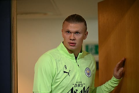 Manchester City's Norwegian striker Erling Haaland arrives for a press conference at the Etihad Stadium in Manchester, north-west England, on November 4, 2025, on the eve of their Uefa Champions League, league stage football match against Dortmund.
