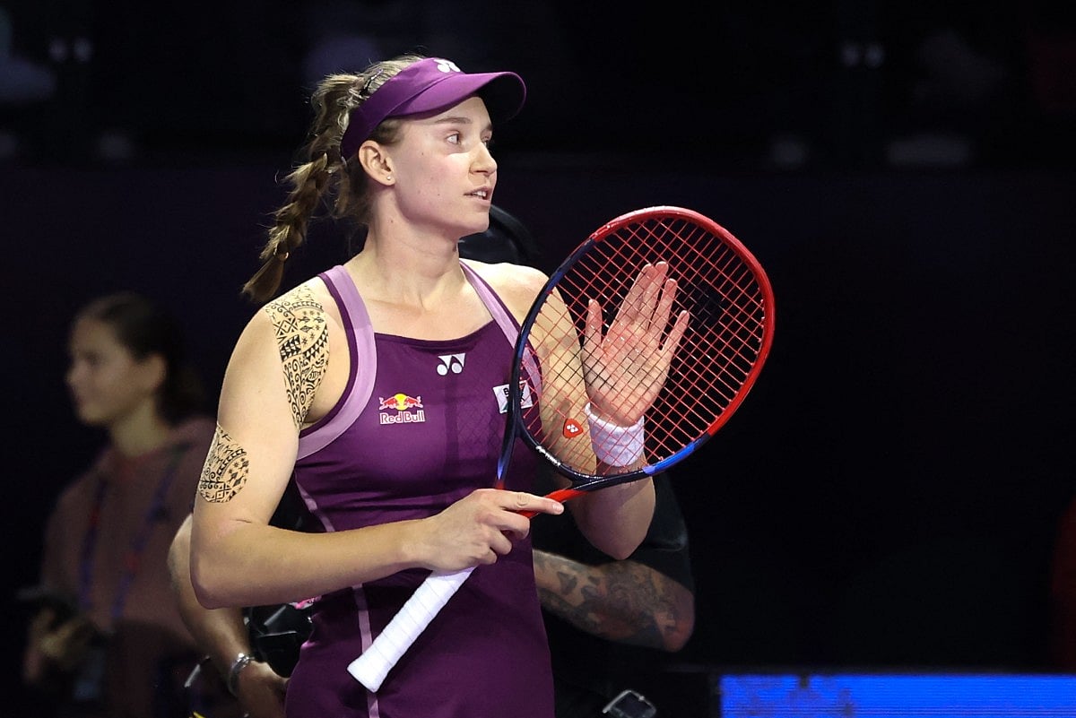 Kazakhstan's Elena Rybakina reacts after her win over Russia's Ekaterina Alexandrova in their WTA Finals tennis tournament in Riyadh on November 5, 2025.