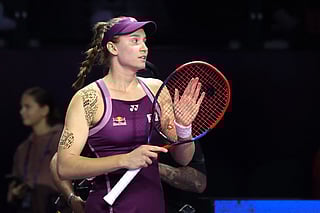 Kazakhstan's Elena Rybakina reacts after her win over Russia's Ekaterina Alexandrova in their WTA Finals tennis tournament in Riyadh on November 5, 2025.