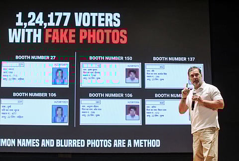 Lok Sabha Leader of Opposition Rahul Gandhi speaks during a press conference, in New Delhi on Wednesday, November 5, 2025.