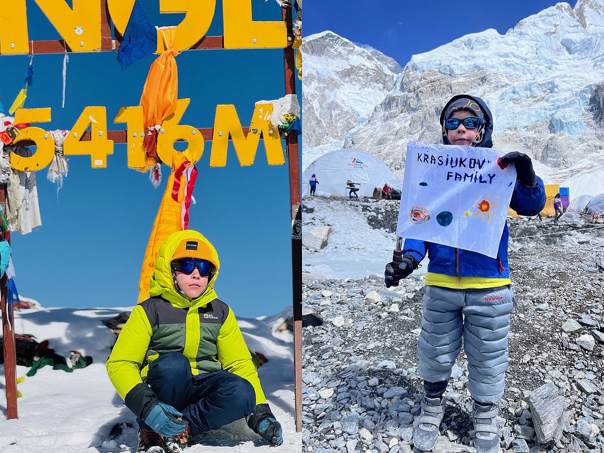 A combo image shows Ivan Krasiukov at Thorong La Pass on the Annapurna Circuit (5,416 m) in April 2025, and at Everest Base Camp (5,364 m) in April 2024.