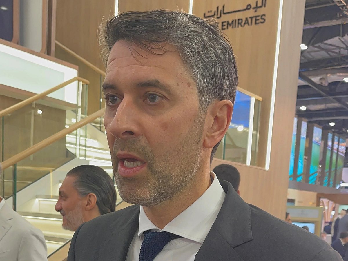 Mansoor Abulhoul, UAE Ambassador to the United Kingdom, speaking to media at the Dubai Pavilion during his visit to the WTM London.