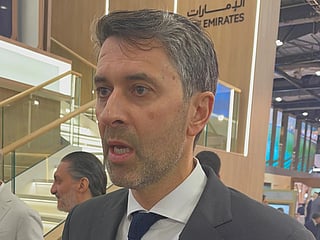 Mansoor Abulhoul, UAE Ambassador to the United Kingdom, speaking to media at the Dubai Pavilion during his visit to the WTM London.