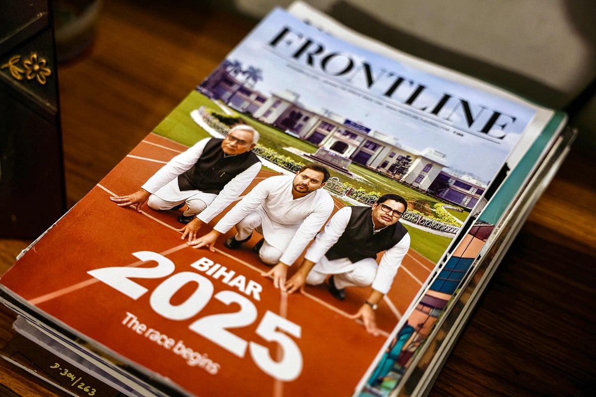 A cover of the Frontline magazine featuring party leaders Nitish Kumar (left), Chief Minister of India's Bihar state and election candidate of Janata Dal United (JDU) party, Tejashwi Yadav (centre), election candidate of Rashtriya Janata Dal (RJD) party and Prashant Kishor, founder of Jan Suraaj party, displayed in Patna, ahead of the state assembly elections.