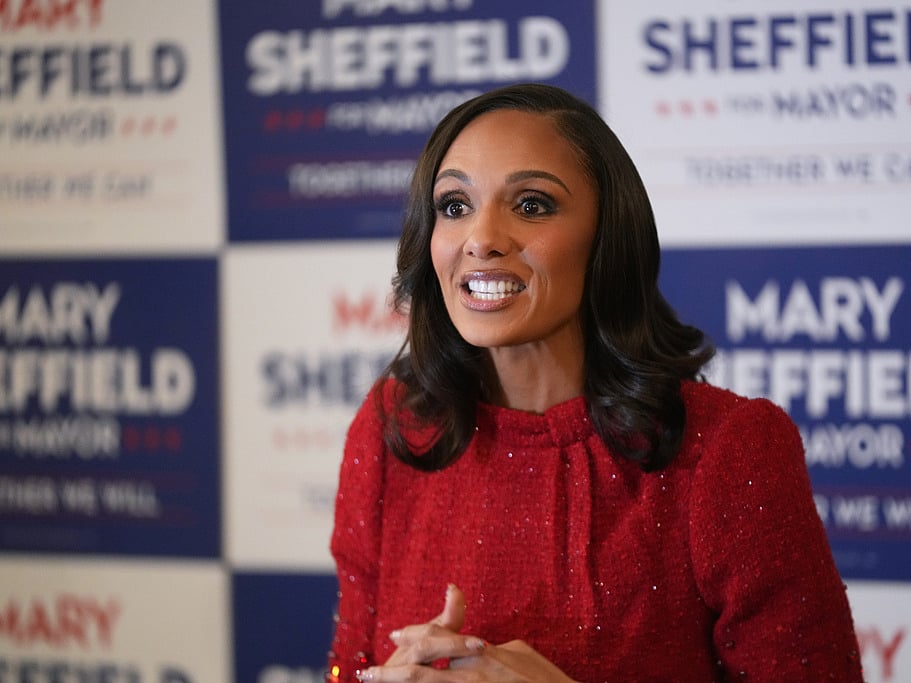 Detroit mayoral candidate Mary Sheffield speaks to media before an election night watch party on Tuesday, Nov. 4, 2025, in Detroit. (AP Photo/Paul Sancya)