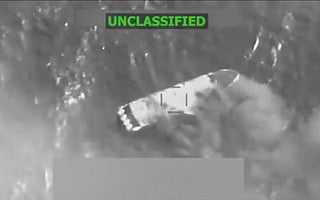 A screengrab from video posted by US Defence Secretary Pete Hegseth showing an alleged drug-smuggling boat blown up in the Pacific by the US military. 
