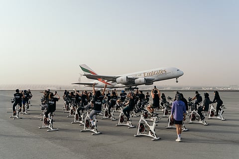 Riders experienced a high-intensity 30-minute workout with music and motivational coaching on the airport’s tarmac.