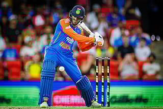 India’s Abhishek Sharma hits a shot during the fourth Twenty20 international cricket match between Australia and India at the Carrara Stadium in Gold Coast on November 06, 2025.