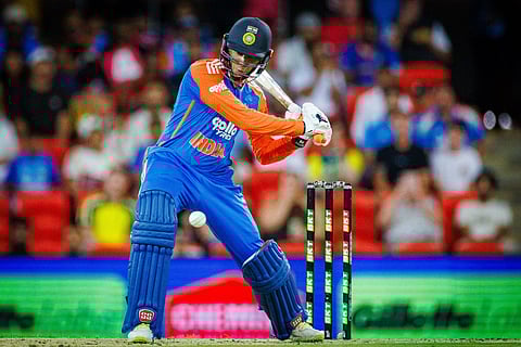 India’s Abhishek Sharma hits a shot during the fourth Twenty20 international cricket match between Australia and India at the Carrara Stadium in Gold Coast on November 06, 2025.