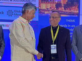 Andhra Pradesh Chief Minister N. Chandrababu Naidu congratulates Tristar Group Founder and CEO Eugene Mayne for winning the Golden Peacock Award for Sustainability at the 2025 London Global Convention on Corporate Governance and Sustainability organized by the Institute of Directors (IOD), India.
